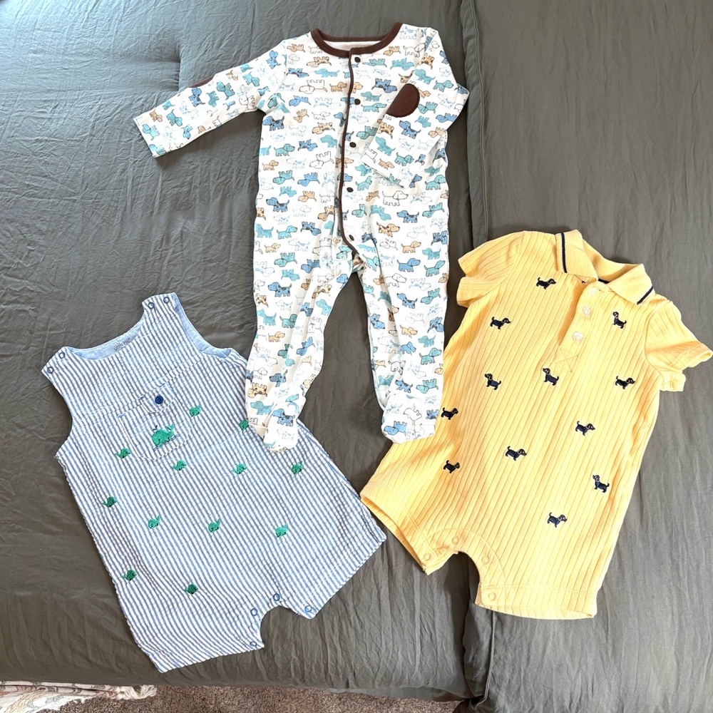 Little Me Lot of 3 Rompers and Sleeper. Size 6-9 months.